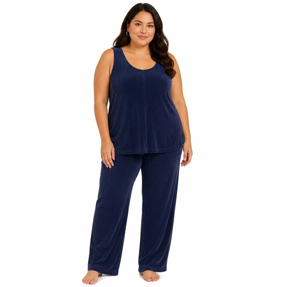 Vikki Vi 1X 2Pc Slinky Pants Set Navy Blue Tank Wide Leg Stretch Made USA